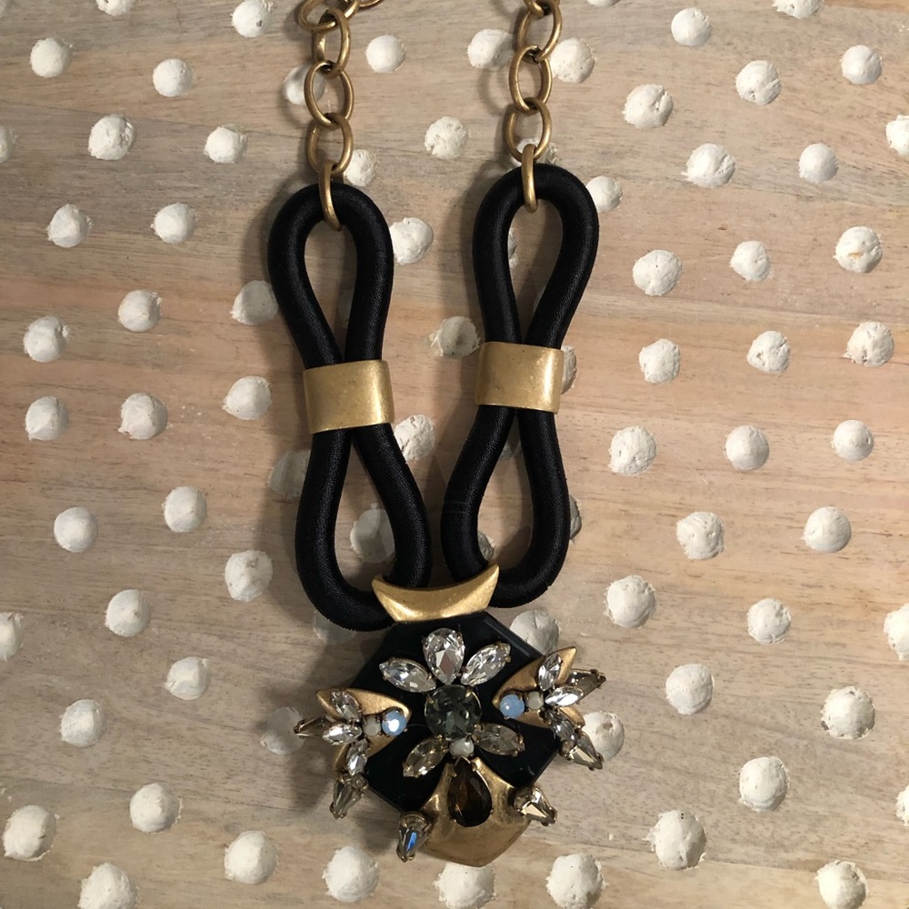 J. Crew Black and Gold Statement Necklace with Crystal Flower Pendant